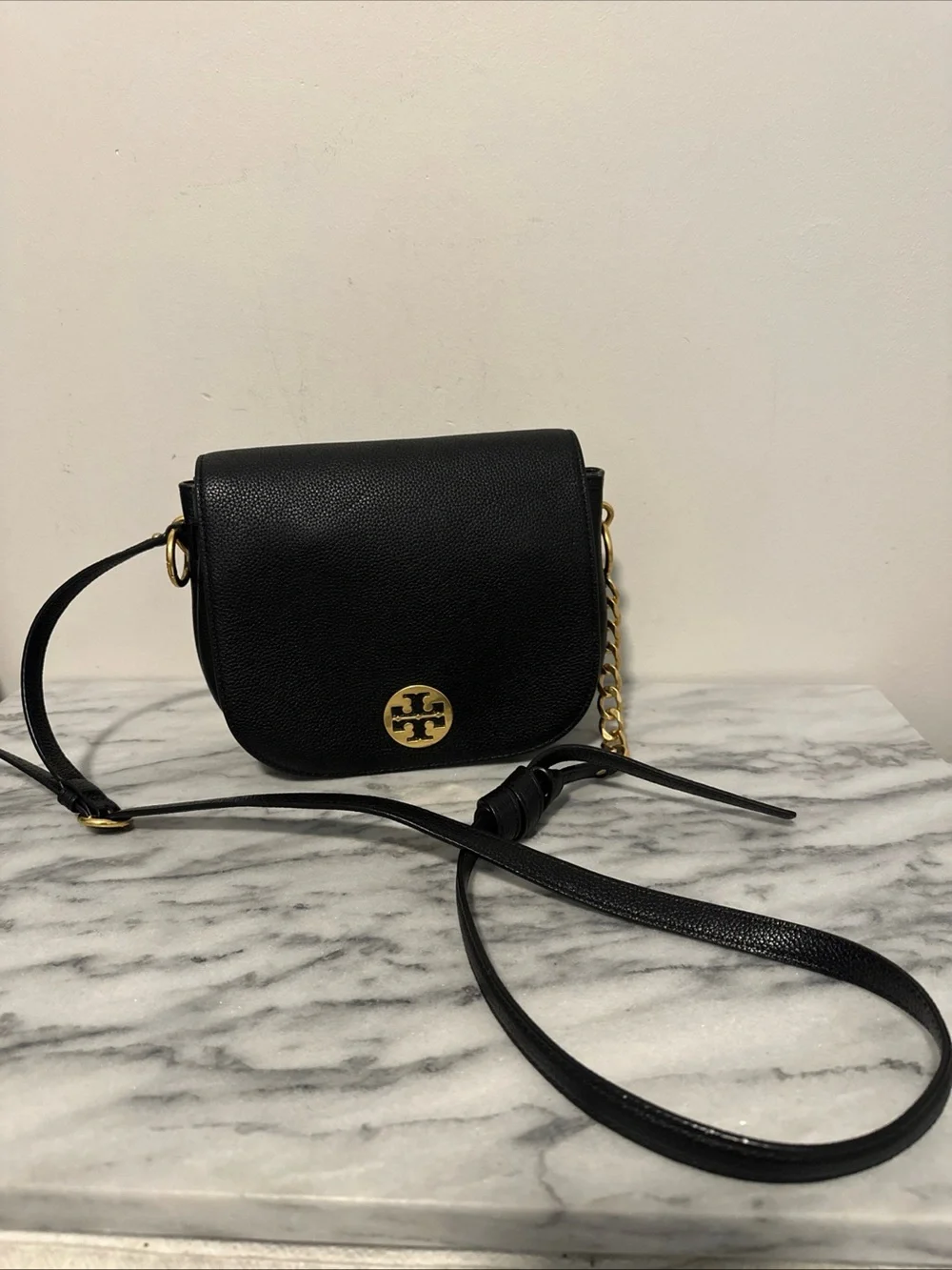 Tory Burch Black Pebbled Leather Crossbody Bag with Gold Logo Accent